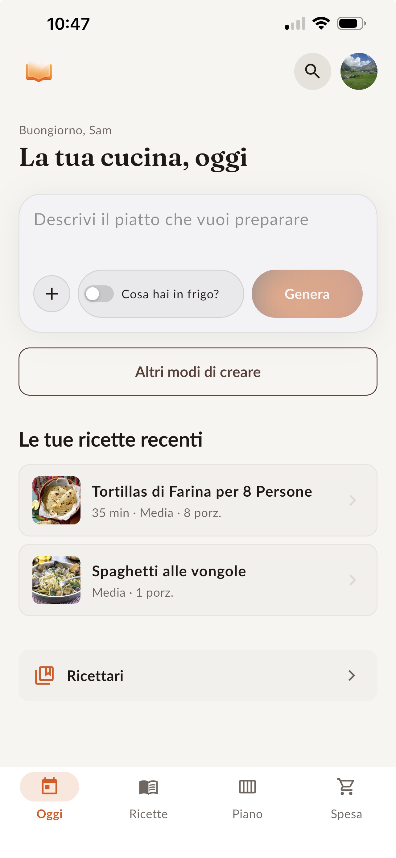 ChefBase home: generate recipes with AI, browse recent dishes, and navigate Today, Recipes, Plan, and Groceries
